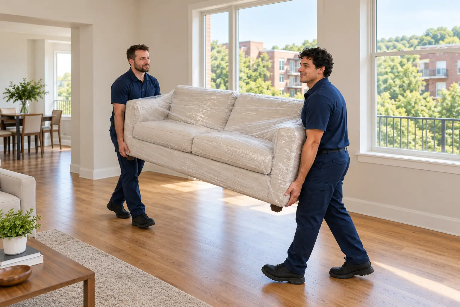 Movers carrying a wrapped sofa in a Hendersonville, Tennessee apartment Movers carrying a wrapped sofa in a Hendersonville, Tennessee apartment