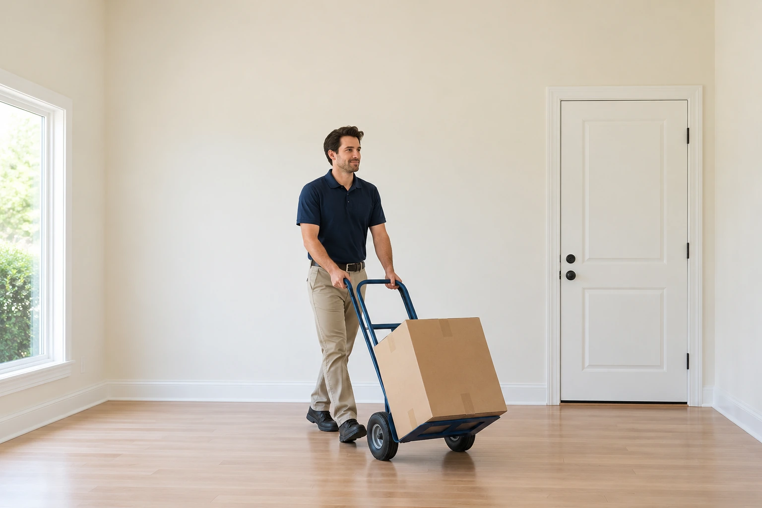 Mover guiding a loaded hand truck in a Hendersonville, TN home
