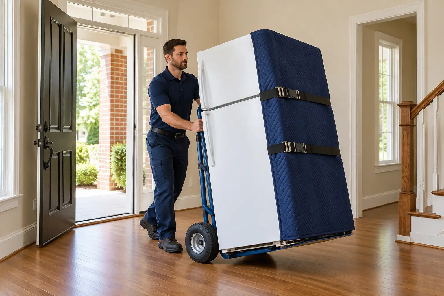 Mover guiding a protected refrigerator on an appliance dolly in Hendersonville, TN Mover guiding a protected refrigerator on an appliance dolly in Hendersonville, TN